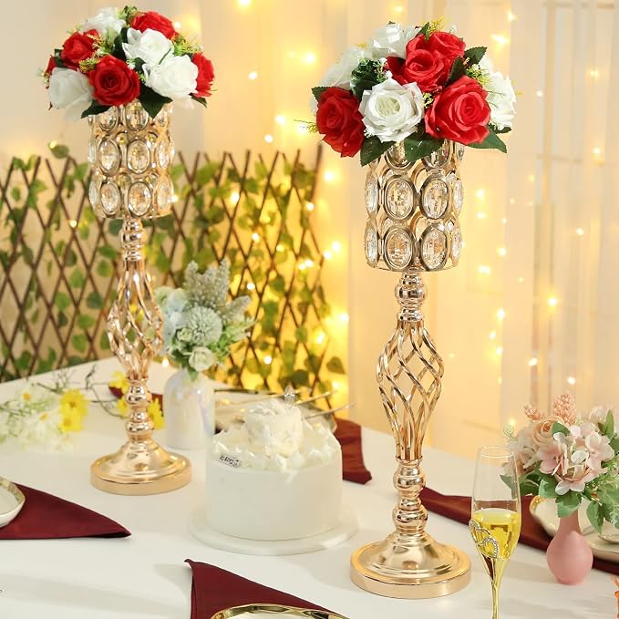 Artificial Flower Centerpieces for Tables: 2pcs of Rose Flower Balls, Flower Kissing Balls, Fake 15-head Plastic Flower Roses with Base for Birthday Party Christmas Home Wedding Decor (Red White)