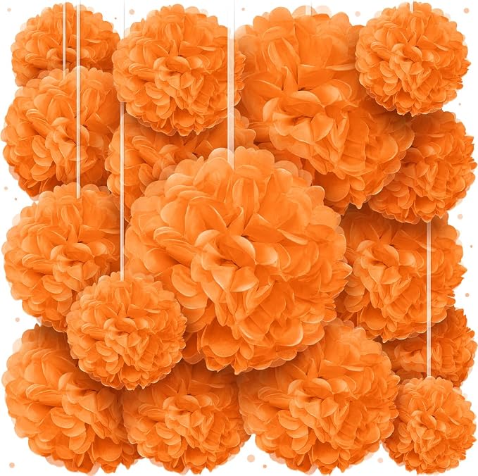 Orange Tissue Paper Pom Poms - Orange Party Decorations for Birthdays, Weddings, Baby Showers and Special Occasions - Marigold Flower Pom Poms by Avoseta (16 Piece Set, Assorted Sizes)