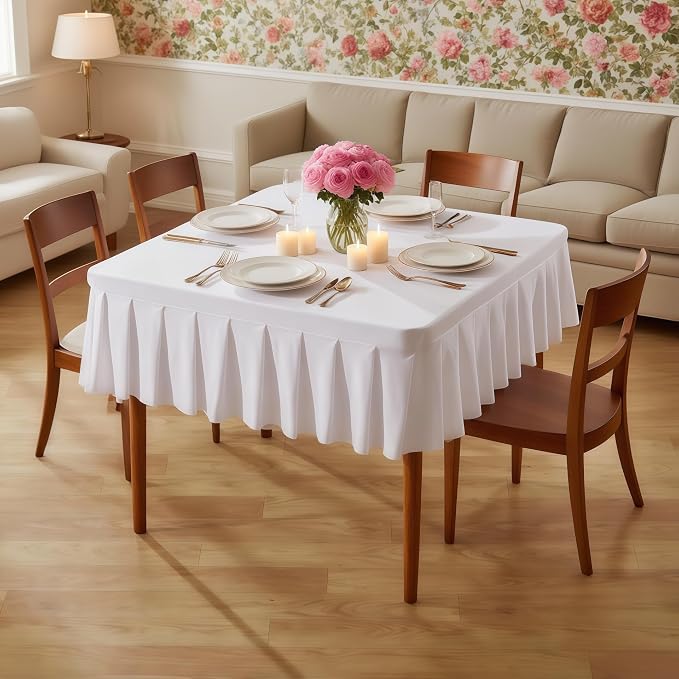 Wish Care White Spandex Tablecloths for 48x48 Inch Square Tables, Stretch Fitted Table Clothes with Pleated Ruffle Skirt for 48” Table, Wrinkle Free and Elastic, for Party Kitchen Home Dining