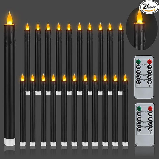 wemarry Flameless Taper Candles 10.6" Dripless Battery Operated Taper Candles Included Remote Timer 400+ Hours by 2AA Batteries for Halloween Christmas Wedding (Black, 24 Pack)