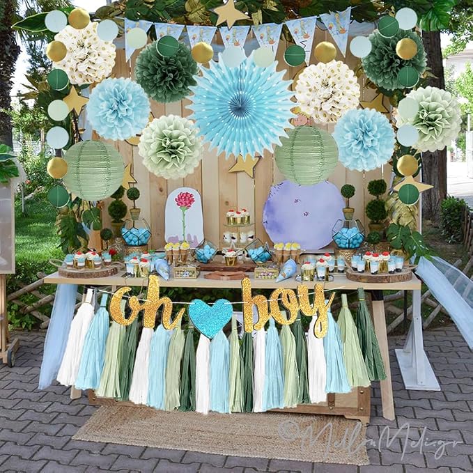 Sage Green and Blue Baby Shower Decorations Oh Boy Banner Sage Green Dusty Blue Tissue Paper Pom Poms Lanterns Paper Tassels Garland for Baby Boys Shower Party Decor