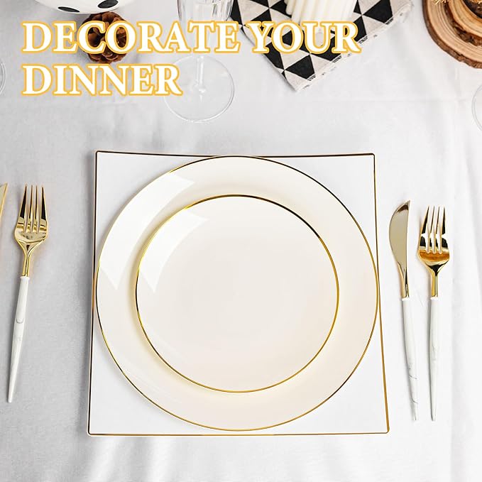 Lullaby 100PCS Ivory and Gold Plastic Plates, Disposable Ivory Plastic Plate with Gold Rim, 50PCS Dessert Plates 7" and 50PCS Dinner Plates 10", Perfect for Party Wedding and Daily Use