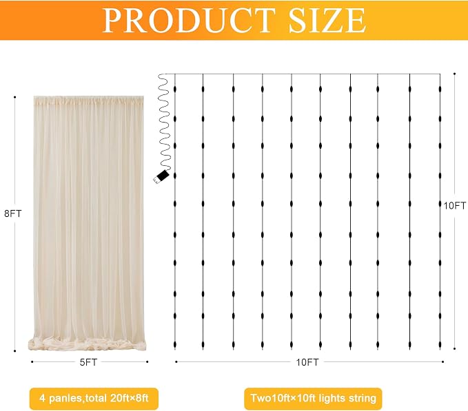 Fomcet Tulle Curtains with Lights String Champagne 20FT X 8FT Sheer Backdrop Curtains for Parties Wedding Baby Shower Photo Shoot Decorations (4 Panels 5x8FT)