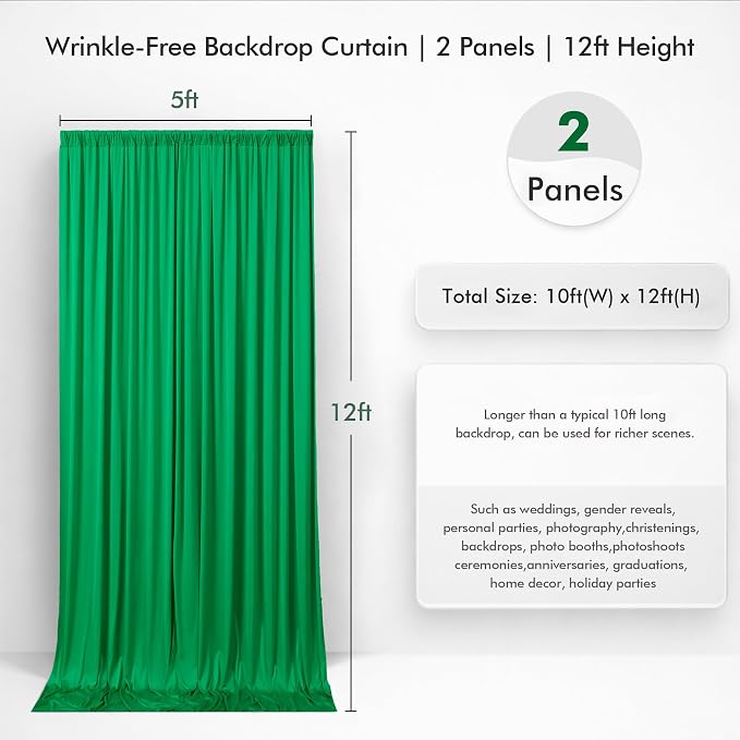 10ftx12ft Wrinkle Free Green Backdrop Curtain Photo Backdrop Drapes | 2 Panels 5×12ft Height Green Silky Polyester Fabric Back Drop Cloth for Wedding Party Birthday Photography Background Drape