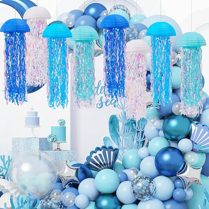 Mermaid Party Decorations, Jellyfish Paper Lanterns Blue White Hanging Lantern for Mermaid Birthday Party Baby Shower Under The Sea Ocean Blue Birthday Decorations Pack of 8