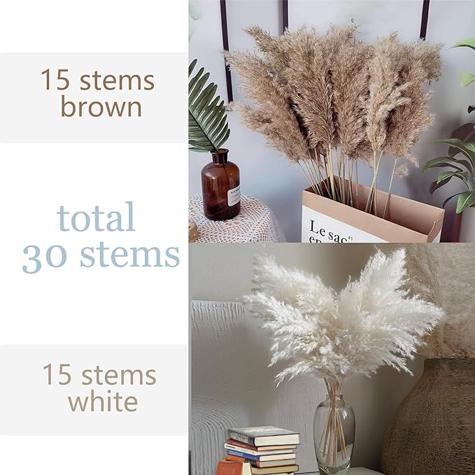30 Stems 28 inch Boho Decor Tall - Dried Pampas Grass, Brown & White Pampas Grass Fluffy Large, Dry Flowers, Tall Pampas Bulk for Room Decor, Home Decor Floor,Wedding Decor