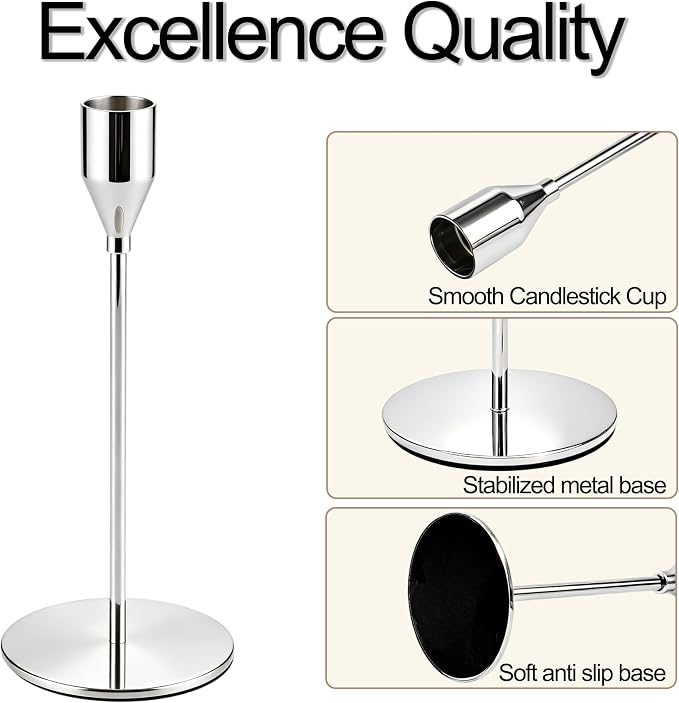 Silver Taper Candle Holders for Wedding Table Centerpiece,Tall Taper Candlestick Holders Bulk Set of 15,Metal Candle Stick Holders for Dinning or Mantel Centerpiece,Party Home Decor