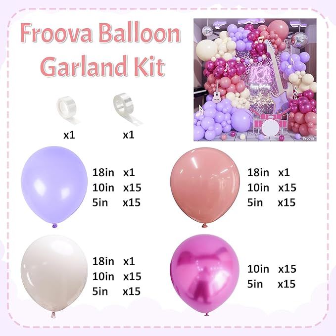 Pink and Purple Balloon Garland Arch Kit, 125pcs Dusty Pink Pastel Lavender Purple Metallic Red White Latex Balloon for Girl Women Birthday Bridal Baby Shower Butterfly Fairy Princess Party Decoration
