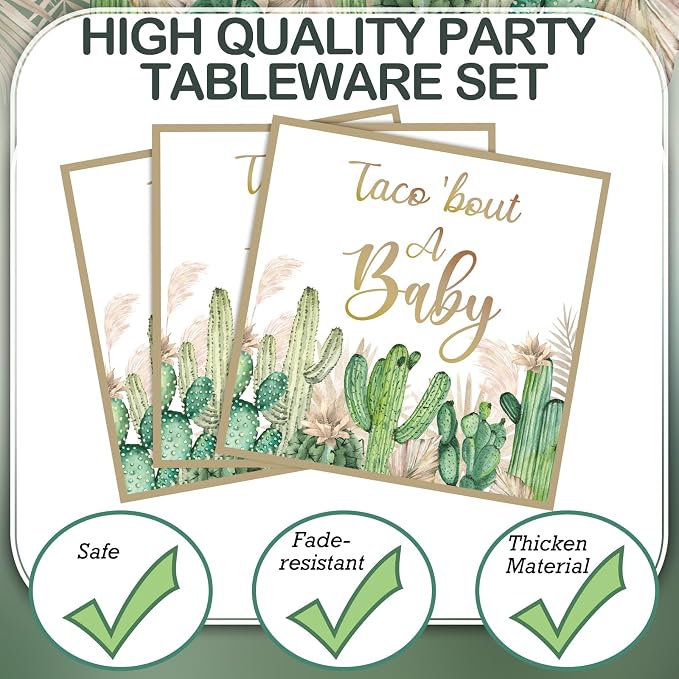 350 Pcs Taco' Bout A Baby Party Decorations Cactus Taco Pampas Grass Baby Shower Party Tableware Set Disposable Plates Cups Napkins Cutlery for Birthday Baby Shower Wizard Party, Serve 50