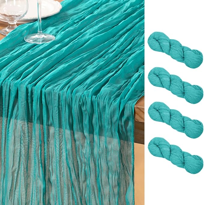 DeZerlor Teal Green Cheesecloth Table Runner 4 Pack Spring Easter Table Runners Boho Gauze 120 Inches Turquoise Cheese Cloth Table Decor for Wedding Bridal Baby Shower Parties