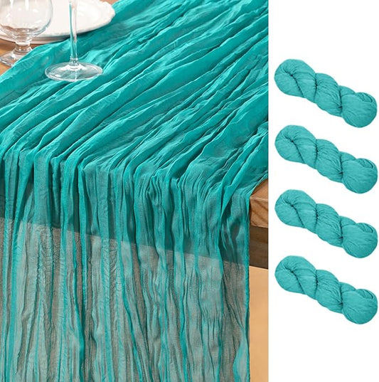 DeZerlor Teal Green Cheesecloth Table Runner 4 Pack Spring Easter Table Runners Boho Gauze 120 Inches Turquoise Cheese Cloth Table Decor for Wedding Bridal Baby Shower Parties