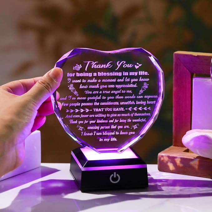 Arikyrist Thank You Gifts for Women Men Heart Shaped Crystal Plaque with LED Light Base Appreciation Gifts for Teacher Nurse Doctor Coworker Boss Inspirational Home Desk Decor