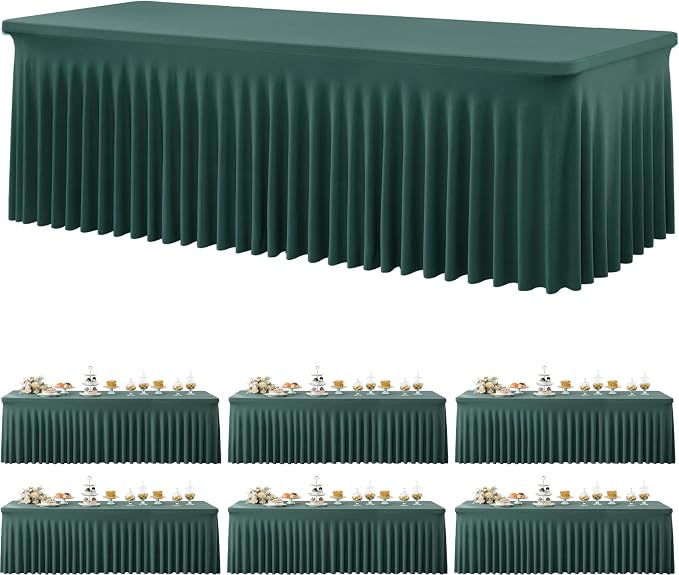 6 Pack Hunter Green Spandex Tablecloth for 8 Foot Rectangle Tables, Wrinkle Free Fitted Table Cloth Cover 8FT Green Stretchy Tablecloths with Skirt for Parties Weddings Birthday Banquet Baby Shower