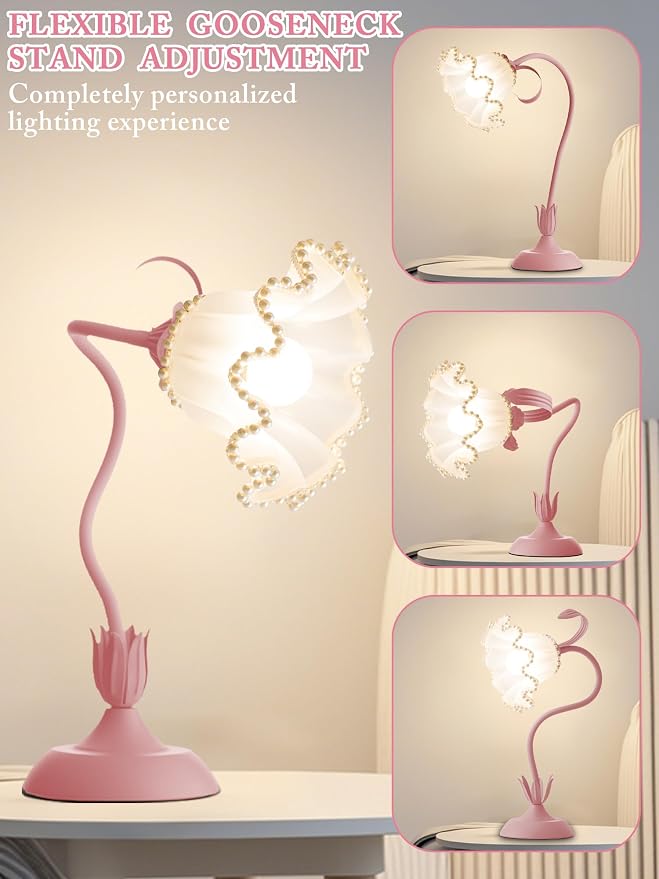 AQDZCNF Flower Table Lamp,LED Reading Light Bedside Vintage Flower Night Light,3 Colors Modes Kawaii Bedside Lamps Decor,Living Room Bedroom Room Lighting Table Lamps Home Decoration (Pink Pearls)