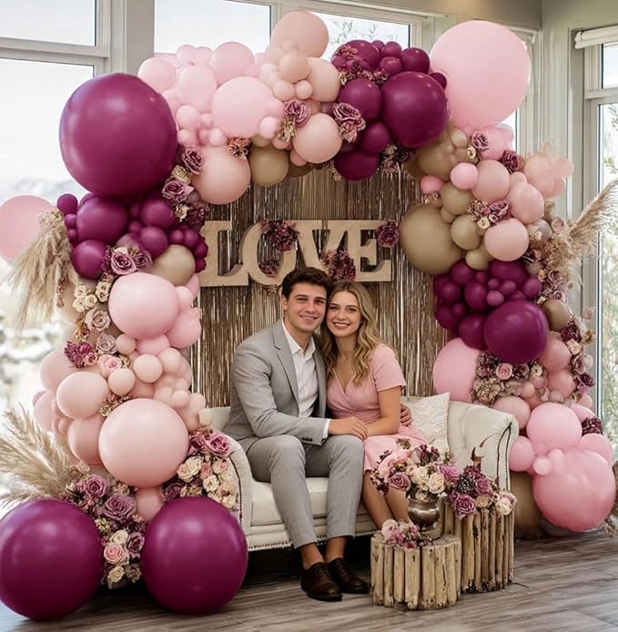 Burgundy Pink Balloon Garland Double Stuffed Pastel Pink Nude Beige Plum Mauve Lavender Latex Balloons Arch Kit for Birthday Wedding Baby Bridal Shower Decoration