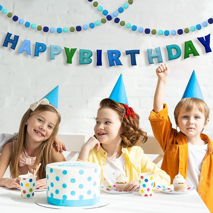 Mindsoft 2 Pcs 9.83ft Pre Strung 3D Happy Birthday Felt Fabric Banner with Ball Garland Reusable Pom Pom Garland for Birthday Party Decorations Sign Photo Prop Boys Girls(Ocean Color)