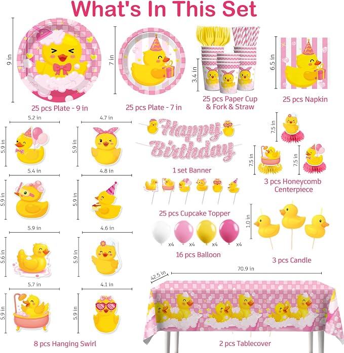 215PCS Pink Duck Birthday Decorations Tableware Set, 25 Serves Disposable Plates and Napkins Set, with Candles, Centerpieces, Banner, Tablecloth, for Duck Party Decorations