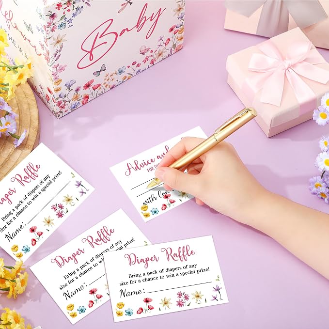 Teling 51 Pieces Diaper Raffle Tickets with Card Box Baby Shower Decorations Gender Reveal Holder Box for Girl Boy Diaper Raffle Party (Baby In Bloom)