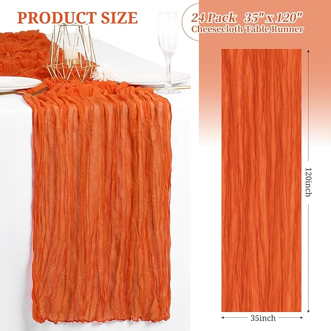24 Pack Fall Halloween Table Runner 10FT Orange Cheesecloth Table Runner 35 x 120 Inch Long Semi-Sheer Gauze Fabric Boho or Rustic Wedding Table Decor for Bridal Shower Baby Shower Holiday Party