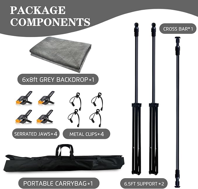 6.5x6.5 ft Photo Backdrop Stand with 6Wx8H ft Abstract Backdrop,Grey | 2-in-1 Portable, 6.5Wx6.5H ft Adjustable Stand, 6Wx8H ft Abstract photography background, 8 Clamps, Storage Bag Included