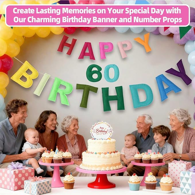 Pre-strung Felt Happy Birthday Banner Decorations for Women Men | 3D Rainbow Birthday Party Decorations Sign with Replaceable Numbers 0-9,Multicolor Felt Ball&Triangle Flags Garland (Rainbow)