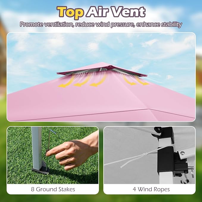 Tangkula 13x13 FT Pop Up Gazebo, UPF50+ Outdoor Sunshade Shelter with Carrying Bag, 8 Stakes, 4 Wind Ropes, Foldable Outdoor Gazebo for Beach Party Event Camping (Pink)
