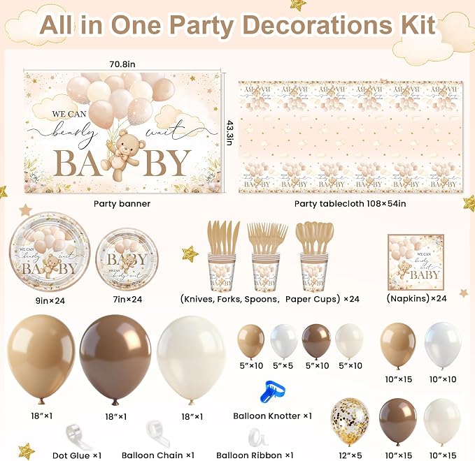 270 Pcs We Can Bearly Wait Baby Shower Decorations: Bear Baby Shower Banner Balloons Disposable Bear Themed Plates and Napkins Cups Tablecloth, Serve 24