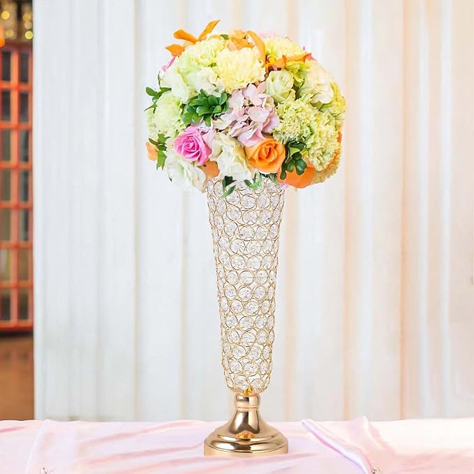 2-Pack 18.5" Tall Gold Vases, Engraved Crystal Trumpet Vase, Gorgeous Centerpiece Flower Stand | Artificial Flower Arrangement for Weddings, Anniversaries | Home & Party Decor Display