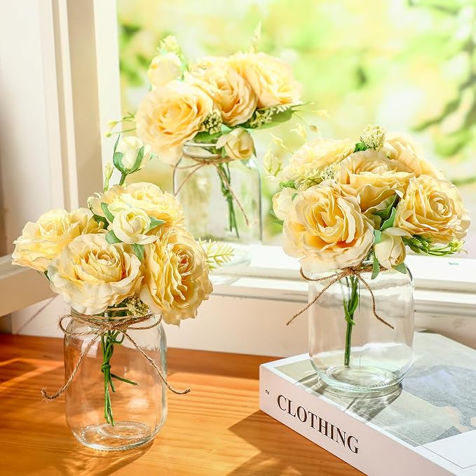 XunYee 10 Set Mason Jar Table Centerpiece with Flower Mason Jar Flower Centerpiece Vases Decor for Engagement Party Bridal Shower Wedding Reception Table Decor(Champagne,Gypsophila Rose)