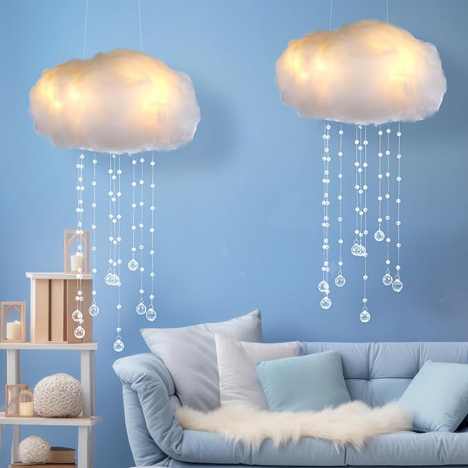 Marsui Artificial Cloud Props LED Hanging Cloud Light String Fake Imitation 3D Cotton Classroom School Decor Raindrop for Room Ceiling Baby Shower Party Wedding Nursery Classroom Wall DIY Decor(2 Pcs)
