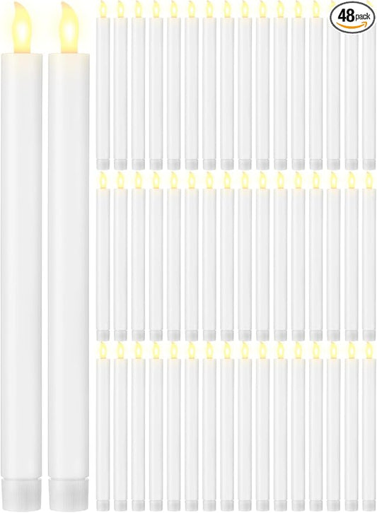 Funtery 48 Pcs Flameless LED Taper Candles Battery Operated Candles Bulk Realistic LED Candlesticks Flickering for Wedding Church Party Home Decor(White,10 Inch,Modern Style)