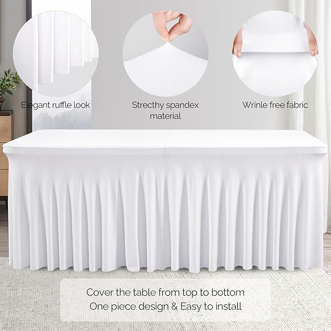 Wish Care 8 Pack White Spandex Table Clothes for 6 Foot Rectangle Tables, 6FT Wrinkle Free Fitted Tablecloths Ruffles Design Table Cloth for Party, Banquet, Wedding and Events