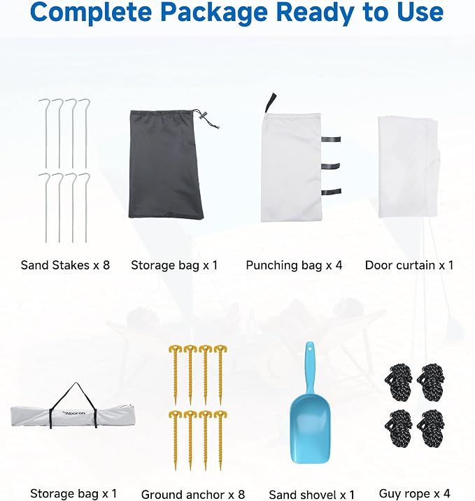 Slsy Beach Tent 10 x 10 FT, Beach Shelter with Removable Side Wall, UPF 50+ Canopy Cabana for Sun Protection, Easy Setup Shade with Sandbags, Stakes & Guy Lines, Wind Resistant, Fits 6 People
