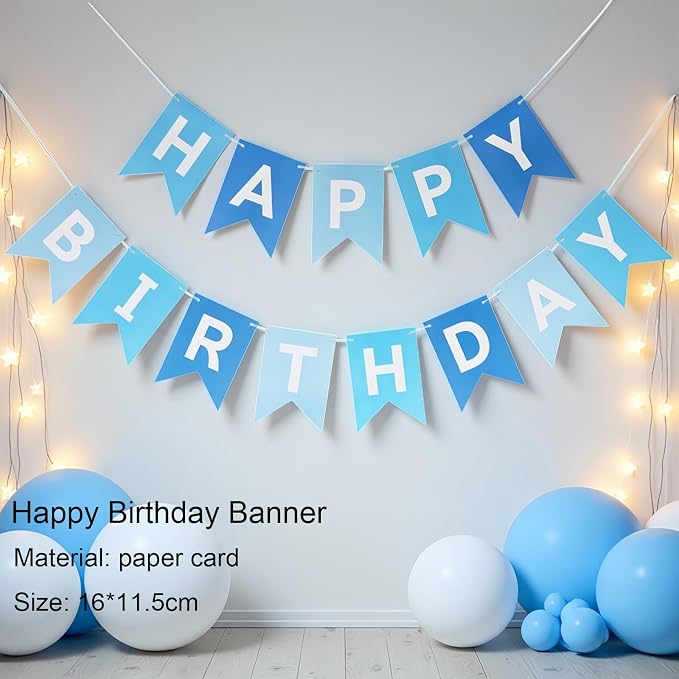 First Birthday Decorations for Boy - Complete Party Set with High Chair Banner, Number 1 Balloon, One Cake Topper, Crown, Balloons & Birthday Banner(Blue)