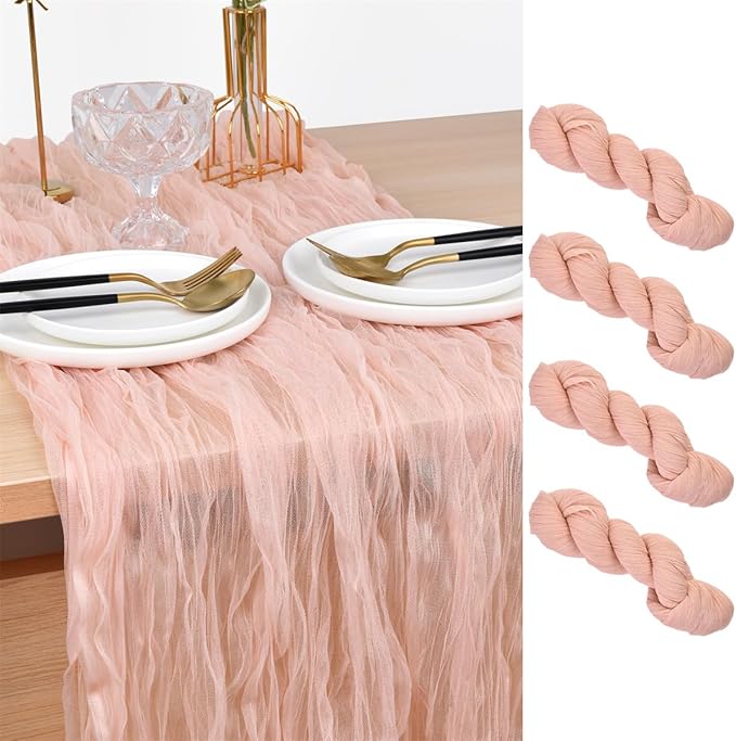 Joanlody Peach Cheesecloth Table Runner Spring Summer 10Ft Rustic Gauze Boho Cheese Cloth Table Runner for Wedding Bridal Baby Shower Decoration 4 Pack