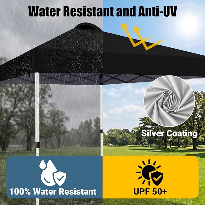 10x10 Pop Up Canopy Tent, Instant Folding Outdoor Shelter with High Strength Steel Frame and Handheld Carry Bag, Ground Stakes and Wind Ropes for Backyard Party, Camping, Beach Events, Black