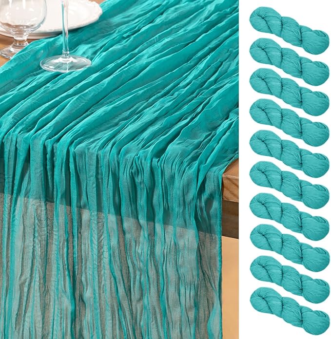 DeZerlor Teal Green Cheesecloth Table Runner 10 Pack Spring Easter Table Runners Boho Gauze 120 Inches Turquoise Cheese Cloth Table Decorations for Easter Wedding Bridal Baby Shower Parties