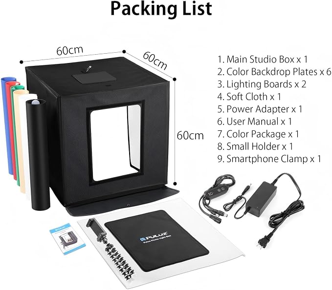Photo Box, PULUZ 24"x24" Photo Studio Light Box for Photography Portable Large Lightbox Photo Booth Kit with 6 Colors Photo Backdrops-Dimmable 120pcs LED Beads, 5500K Lighting, US Plug