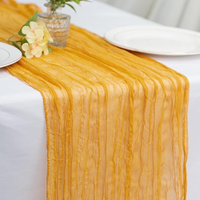 Gold Cheesecloth Table Runner 21x120 Inch Gauze Table Runners Reusable Polyester 10ft Boho Rustic Cheese Cloth Table Runner for Wedding Party Baby Shower Birthday