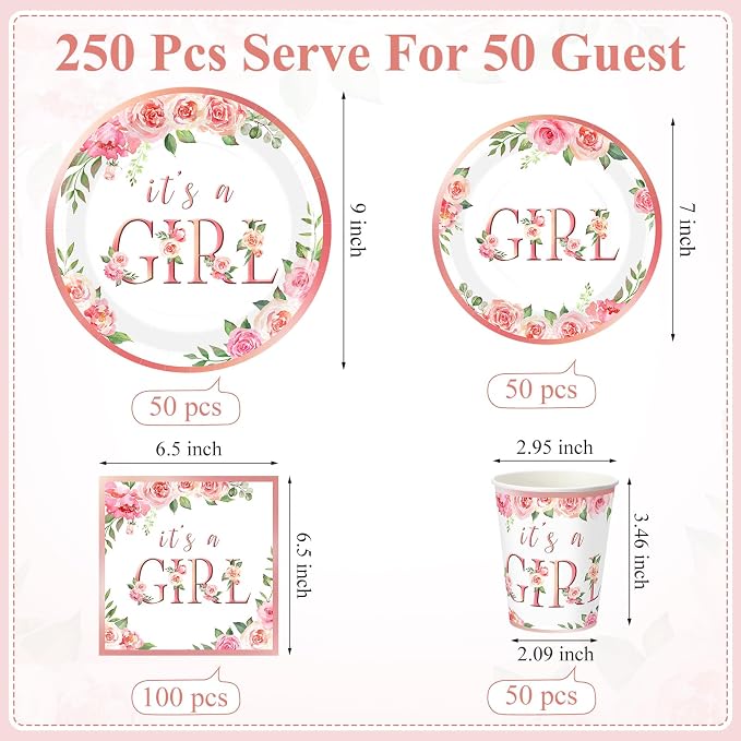 Funnymoom 250 Pcs Baby Shower Decoration for Girl, Pink Floral Paper Plates Napkins and Cups It's a Girl Baby Shower Party Tableware for Gender Reveal Spring Birthday Decorations, Serves 50