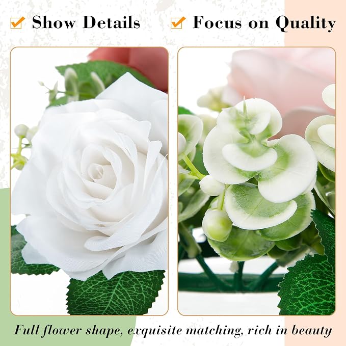 Yunlly 20 Pcs Rose Candle Rings with Flameless Candles Sets, Artificial Flower Eucalyptus Wedding Centerpiece 3 Inch Pillar Candleholders Wreaths for Wedding Party Mother's Day (Pink,White)