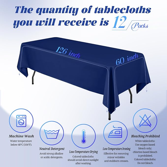 Teruntrue 12 Packs Navy Blue Tablecloths 60x126 inch Rectangle Table Cloth for 8 Foot Rectangle Tables, Washable Polyester Fabric, for Wedding Parties Dinner Table Decorative, Navy Blue
