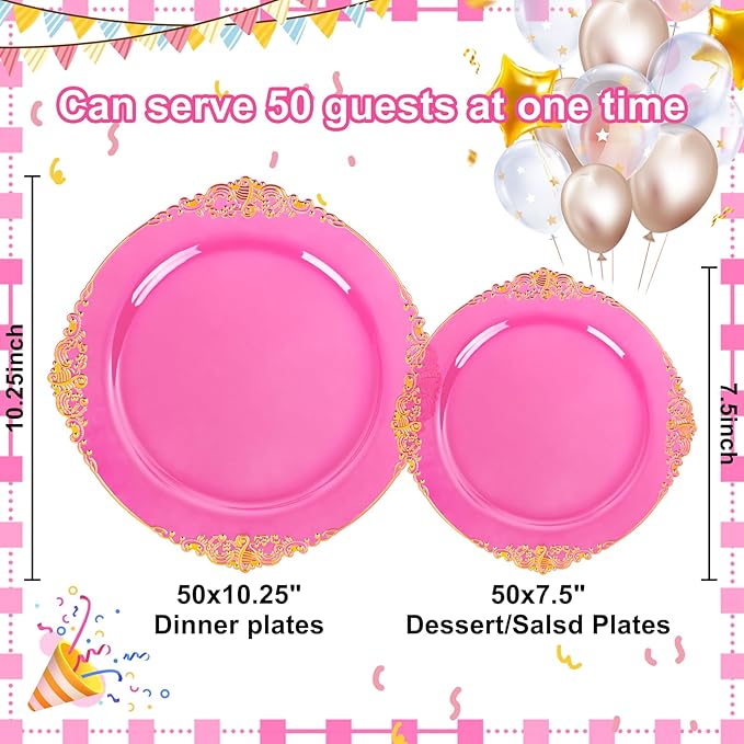 102PCS Clear Hot Pink Plastic Plates - Pink Disposable Plate with Gold Rim - Hot Pink Party Plates Include 51PCS 7.5inch Dessert & 10.25inch Dinner Plate for Wedding Birthday Party Mother’s Day