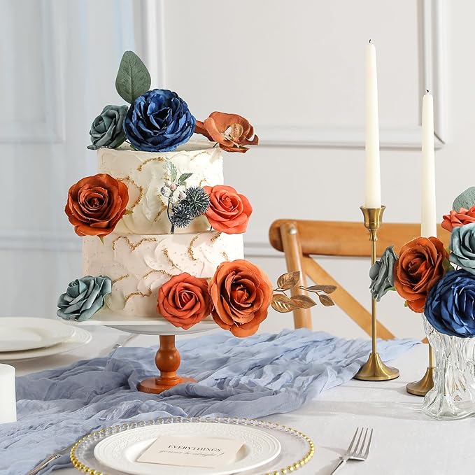 Garisey Artificial Flowers Combo for DIY Wedding Bouquets Combo Centerpieces Arrangements Party Bridal Baby Shower Home Decorations-Teal&Terracotta