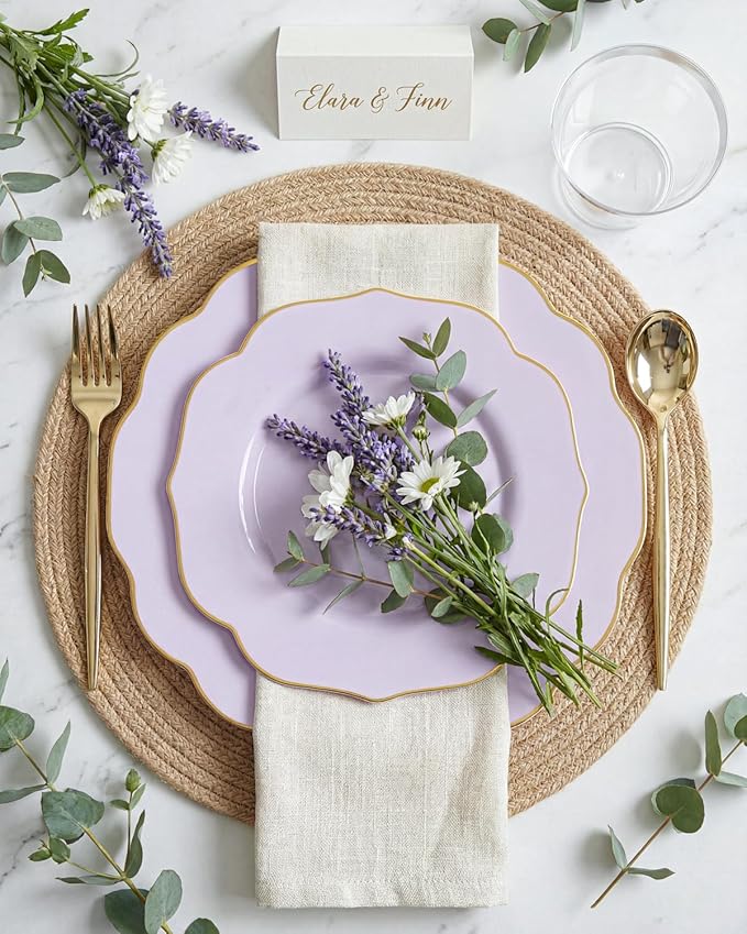 bUCLA 180PCS Purple Plastic Plates - Disposable Purple with Gold Rim, Include 30 Each (Dinner & Salad) Plates, 30 Knives, 30 Forks, 30 Spoons, 30Cups for Party, Shower & Birthday