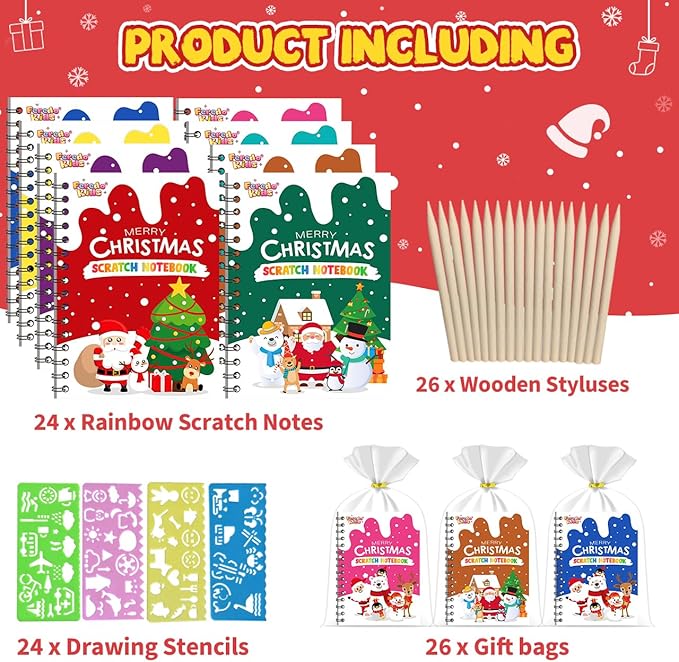 Scratch Paper Art Party Favors for Kids 8-12: 24 Pack Christmas Rainbow Scratch Art Notebook, Christmas Coloring Books Goodie Bags Stuffers for Kids, Bulk Classroom Gifts for Student