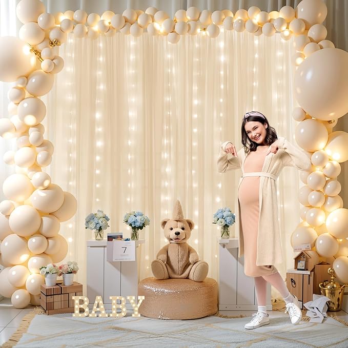 20ft x 10ft Champagne Chiffon Backdrop Curtain with Lights String for Parties,4 Panels Sheer Tulle Curtain Wedding Backdrop for Baby Shower Birthday Party Ceremony Reception Home Decorations