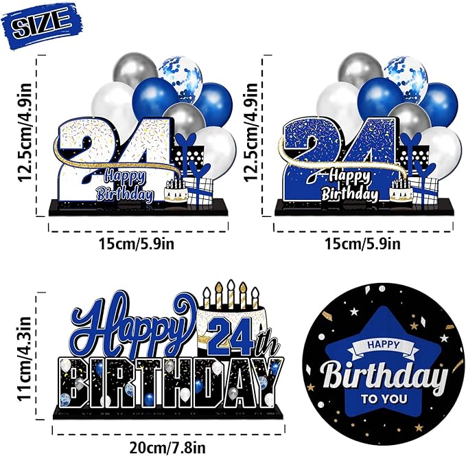 LINGTEER Happy 24th Birthday Blue Acrylic Table Topper Centerpieces Set - Cheers to 24 Years Old Birthday 24th Bday Party Gift Decorations.