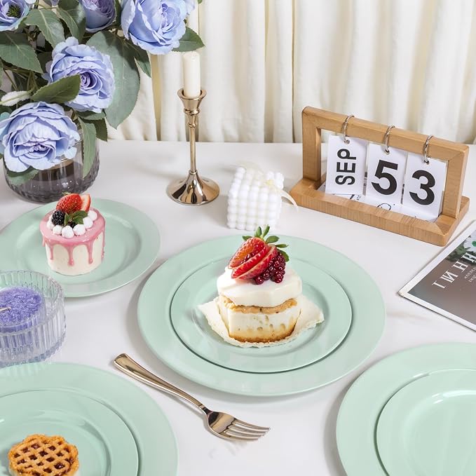 FLOWERCAT 60PCS Sage Green Plates - Heavy Duty Plastic Plates Disposable for Spring Party - Include 30PCS 10.25inch Sage Green Dinner Plates and 30PCS 7.5inch Dessert Plates