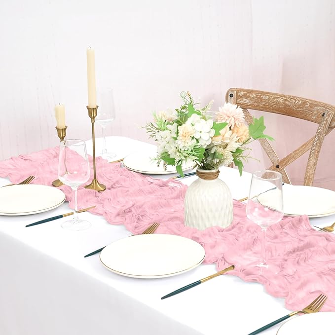 8 Pack Pink Cheesecloth Table Runner 10FT Light Pink Boho Gauze Cheese Cloth Table Runner Rustic Sheer Fabric Table Runners for Wedding Bridal Shower Baby Shower Party(21.5×120 Inch)